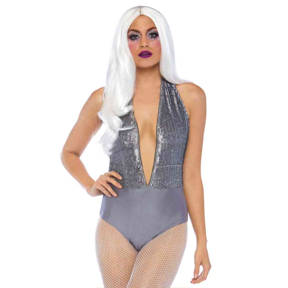 Leg Avenue - Shimmer Sequin Halter Bodysuit - Grey/Silver coloured